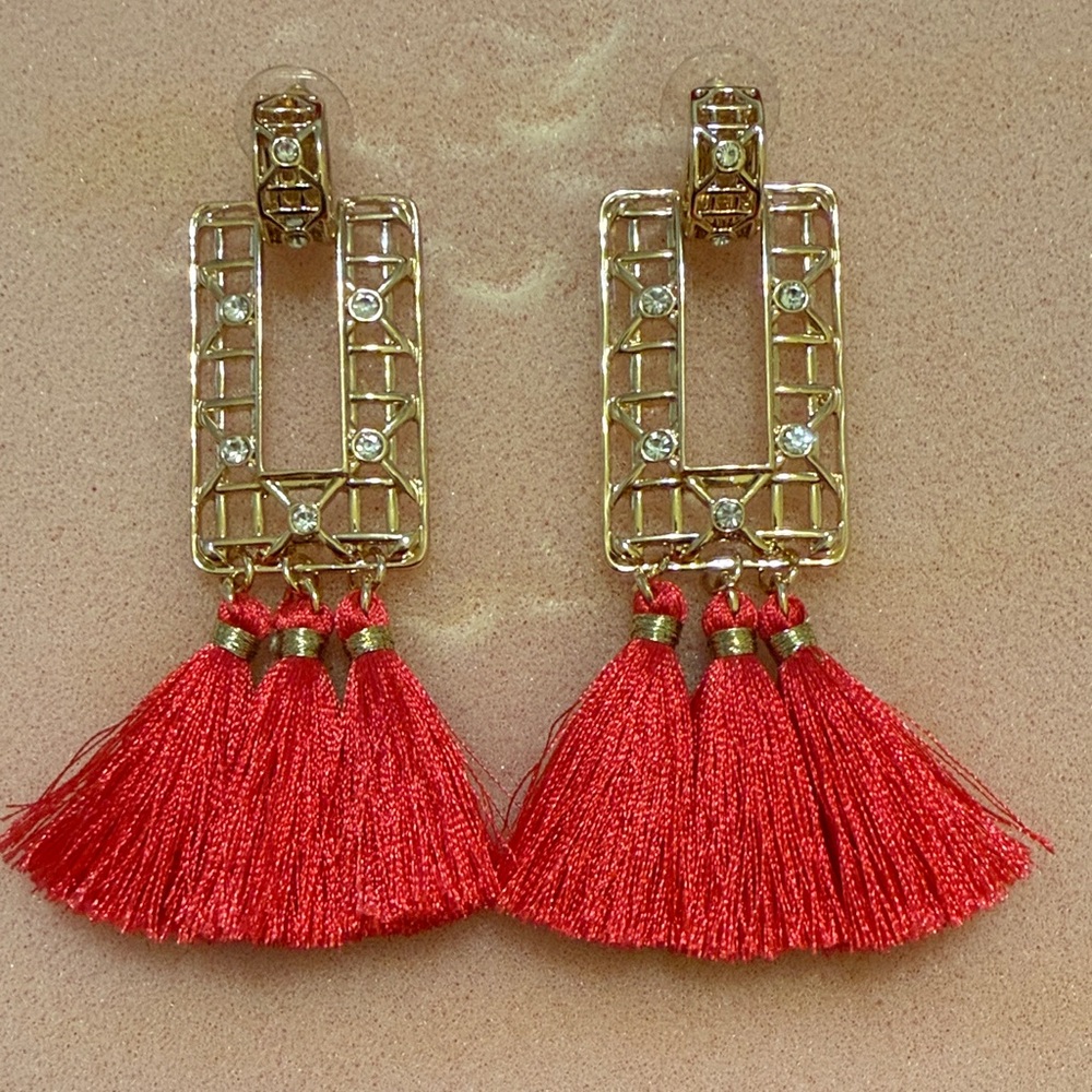 Lilly Pulitzer Gold and Red Geometric Tassel Earrings